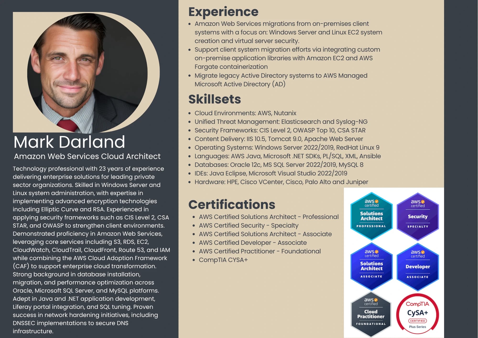 Mark Darland Amazon Web Services Certified Security Specialty resume detailing experience, skillsets, and AWS and CompTIA CySA+ certifications